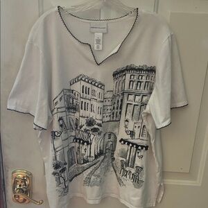 Alfred Dunner White Tee with Black Cityscape Graphic